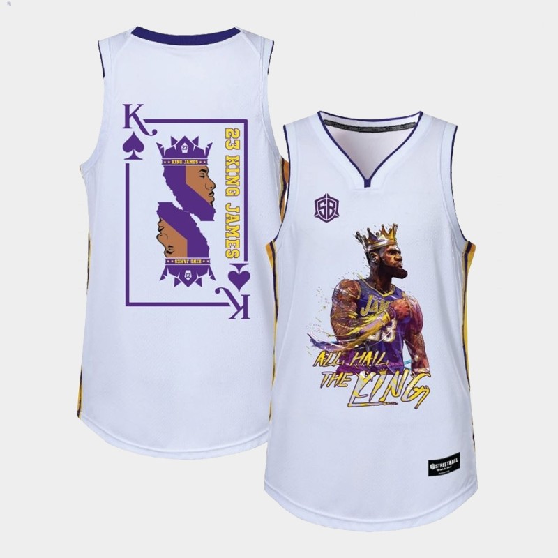 Men's Los Angeles Lakers LeBron James #23 NBA All Hail the King Nickname White Basketball Jersey XQJ8683MX